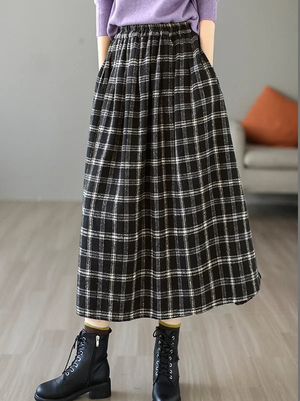 Vintage A-Line Loose Elastic Waist Checkered Skirts