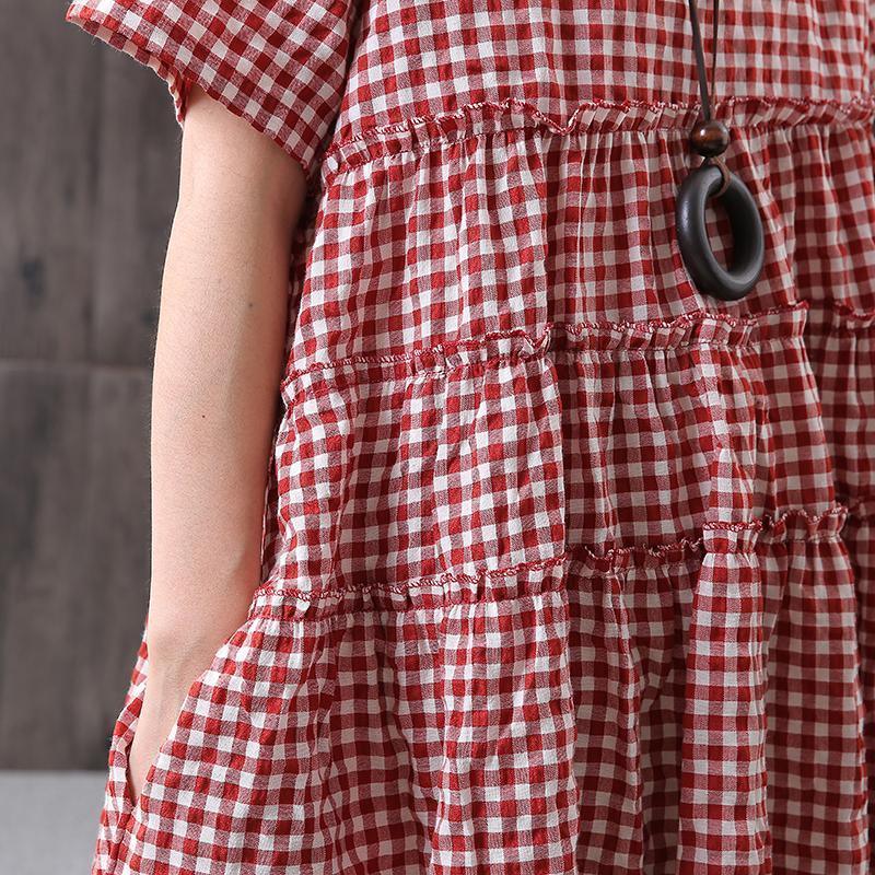 Cotton Linen Short Sleeve Plaid Dress - Omychic