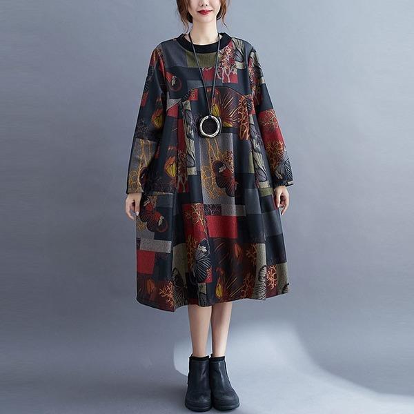 Autumn Winter Women Loose Casual Dresses Vintage Print O-neck Female Knee-length Cotton Dress - Omychic