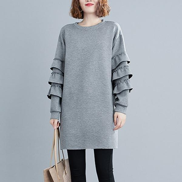 Women Loose Casual Dress New Arrival 2020 Autumn Simple Style O-neck Solid Solid Color Dresses - Omychic