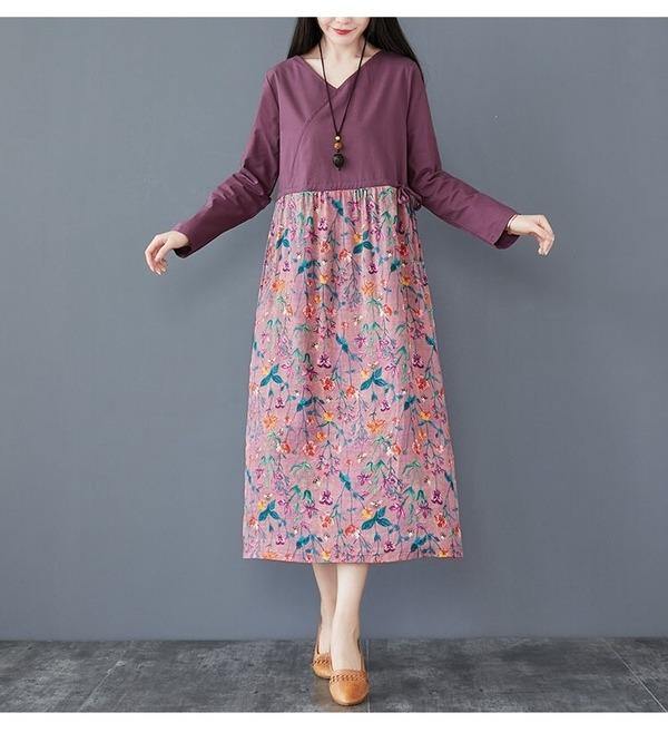 omychic cotton linen plus size vintage floral for women casual loose spring autumn dress - Omychic