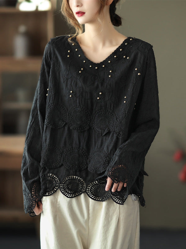Black & Coffee Lace Hollow V-Neck Long Sleeve Shirts