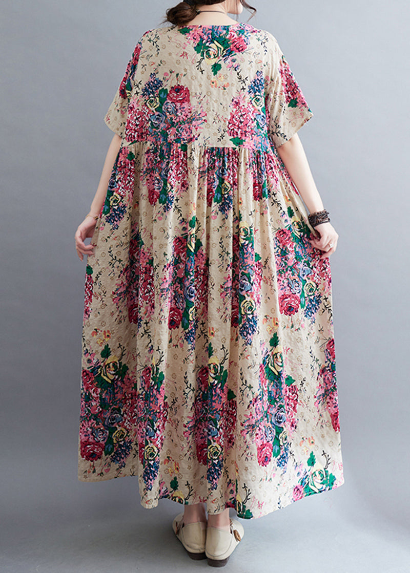 Bohemian Apricot Oversized Floral Exra Large Hem Cotton Holiday Dress Summer