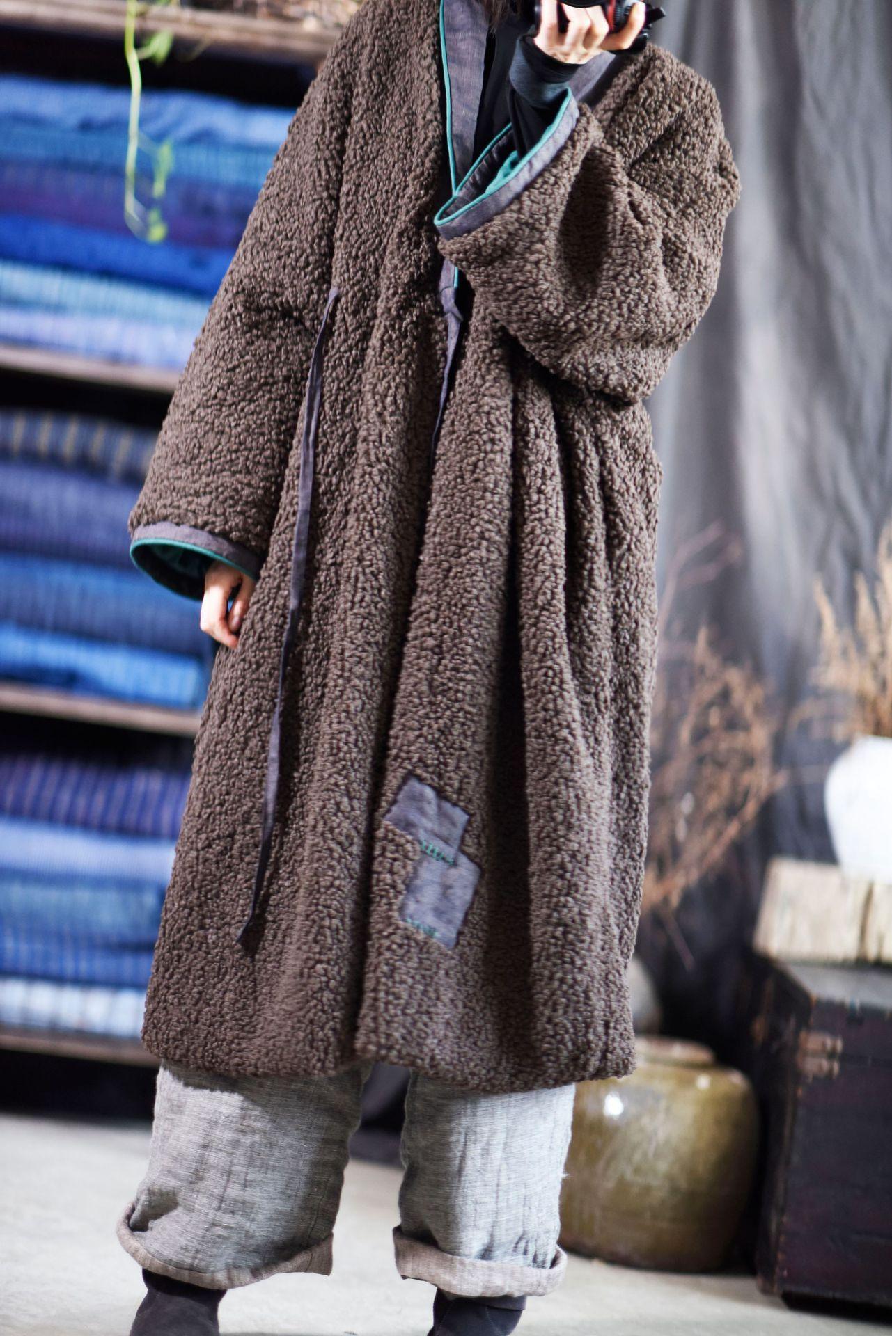 Loose Patchwork Warm Long Coat Female Vintage Winter Trench Coat Ladies Retro Long Topcoat 2020 - Omychic