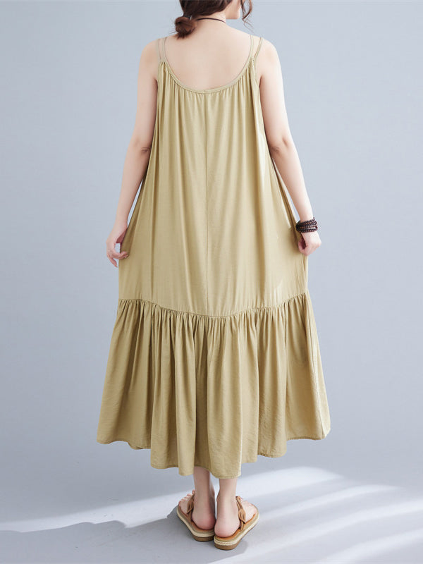 Pleated Solid Color Spaghetti-Neck Midi Dress