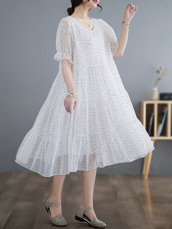 Polka Dot Split-Joint Loose V-Neck Midi Dress