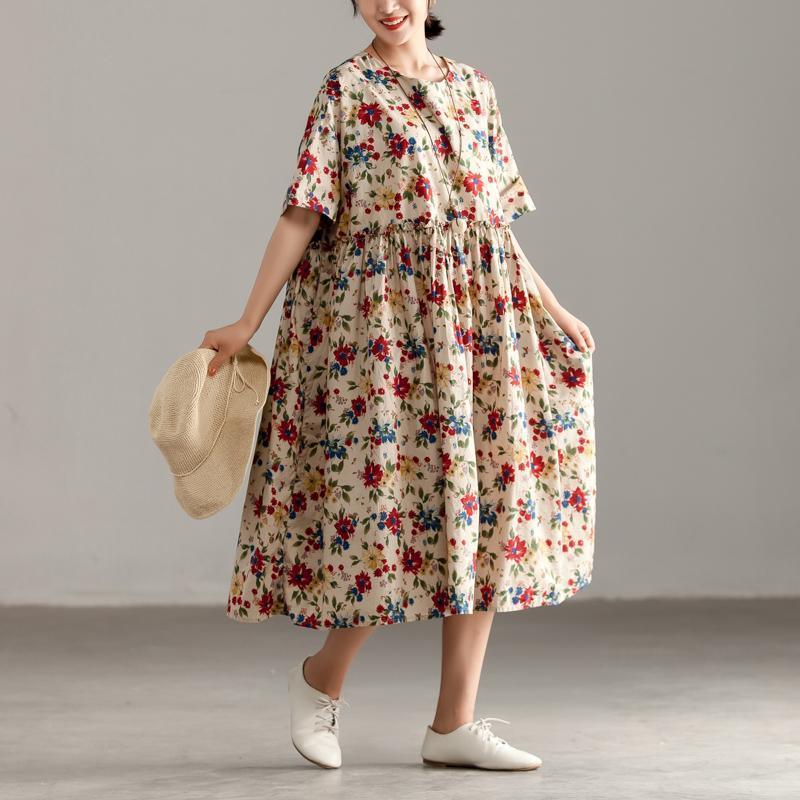 Casual Short Sleeve Pockets Floral Lacing Pleated Dress - Omychic