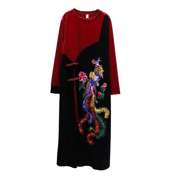 Contrast Color Embroidery Dress  Splicing Vintage Chinese Style Temperament Pullover Women Dress - Omychic
