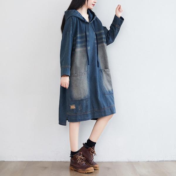 Denim Hooded Dress Ladies Bleached Ripped Irregular Length Denim Dresses Female 2020 Scratched Dress - Omychic