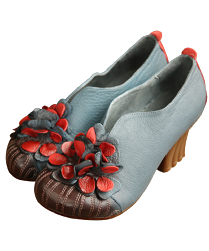 Unique Blue Cowhide Leather Shoes Flower Splicing Chunky High Heels - Omychic