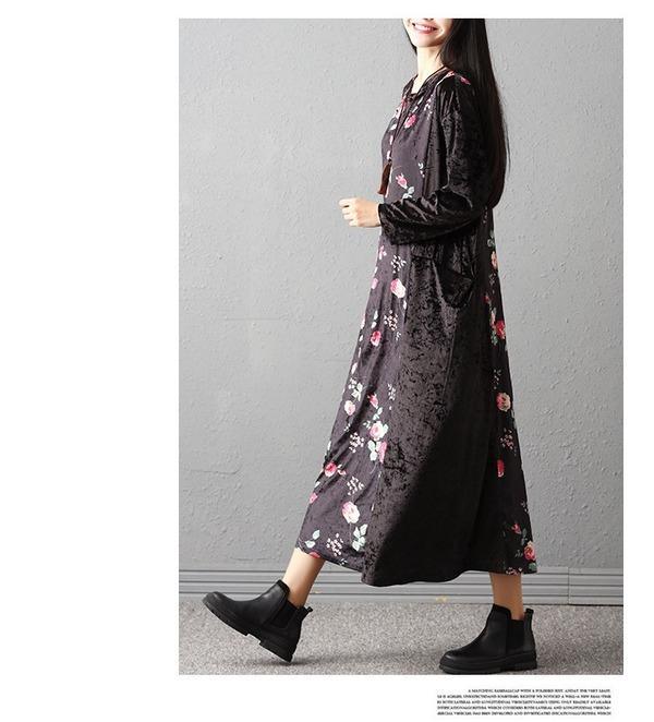 long sleeve plus size velvet vintage floral for women casual loose autumn winter dress - Omychic