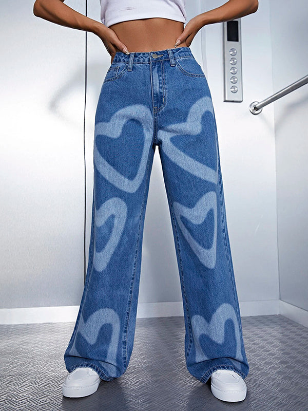 Urban Heart Shape Printed Wide Leg Denim Pants