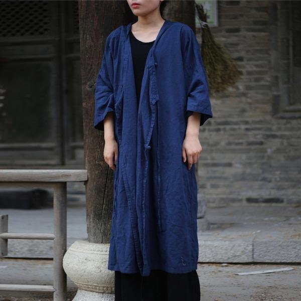 Vintage Linen 2020 Fall New Loose Casual V-Neck Button Chinese Style Trench Female Coat - Omychic