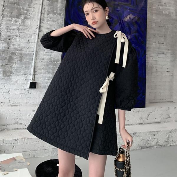 Patchwork Bow Solid Dress Women 2020 Temperament All Match Puff Sleeve Women Clothes - Omychic