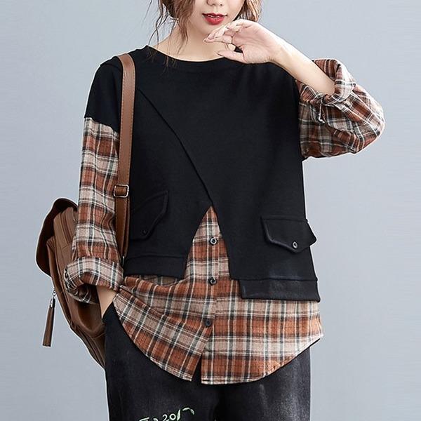 Style Vintage Plaid Patchwork Loose Ladies Pullovers Hoodies - Omychic