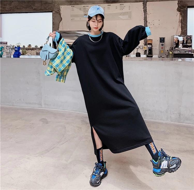 long sleeve plus size cotton patchwork for women causal loose autumn winter dress - Omychic