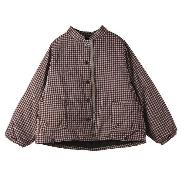 Women Vintage Plaid Parkas Button Cotton Blend Stand Pockets - Omychic