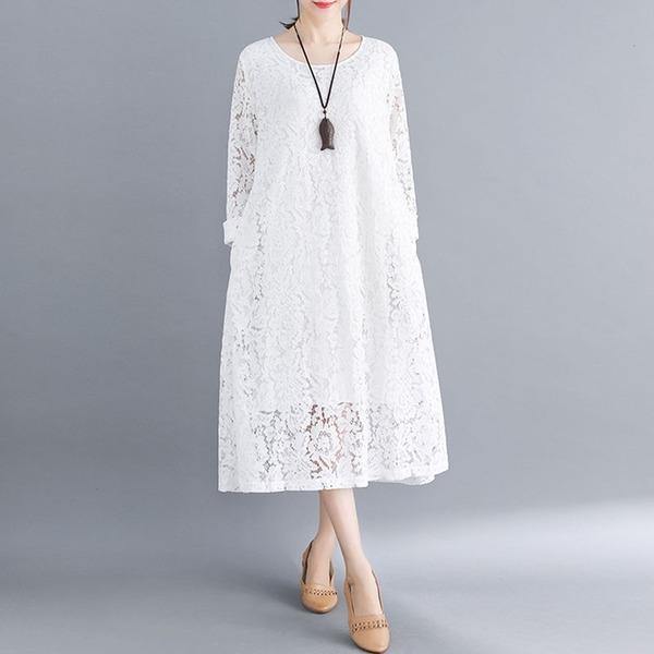 Plus Size Women Casual Lace Dress New 2020 Autumn Simple Style O-neck Solid Color Dresses - Omychic