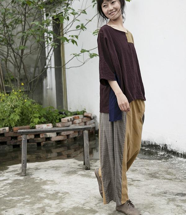 Loose Patchwork Cotton Linen Pants Ladies Vintage Elastic Waist Retro Wide Leg Pants - Omychic