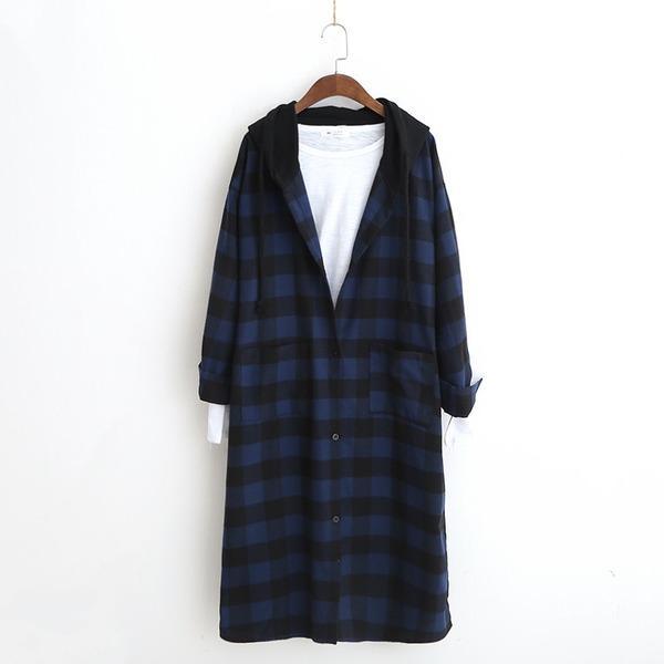 Autumn Single Breasted Hooded Casual Long Plaid Coat 2020 New Korean Long Sleeve Pockets - Omychic