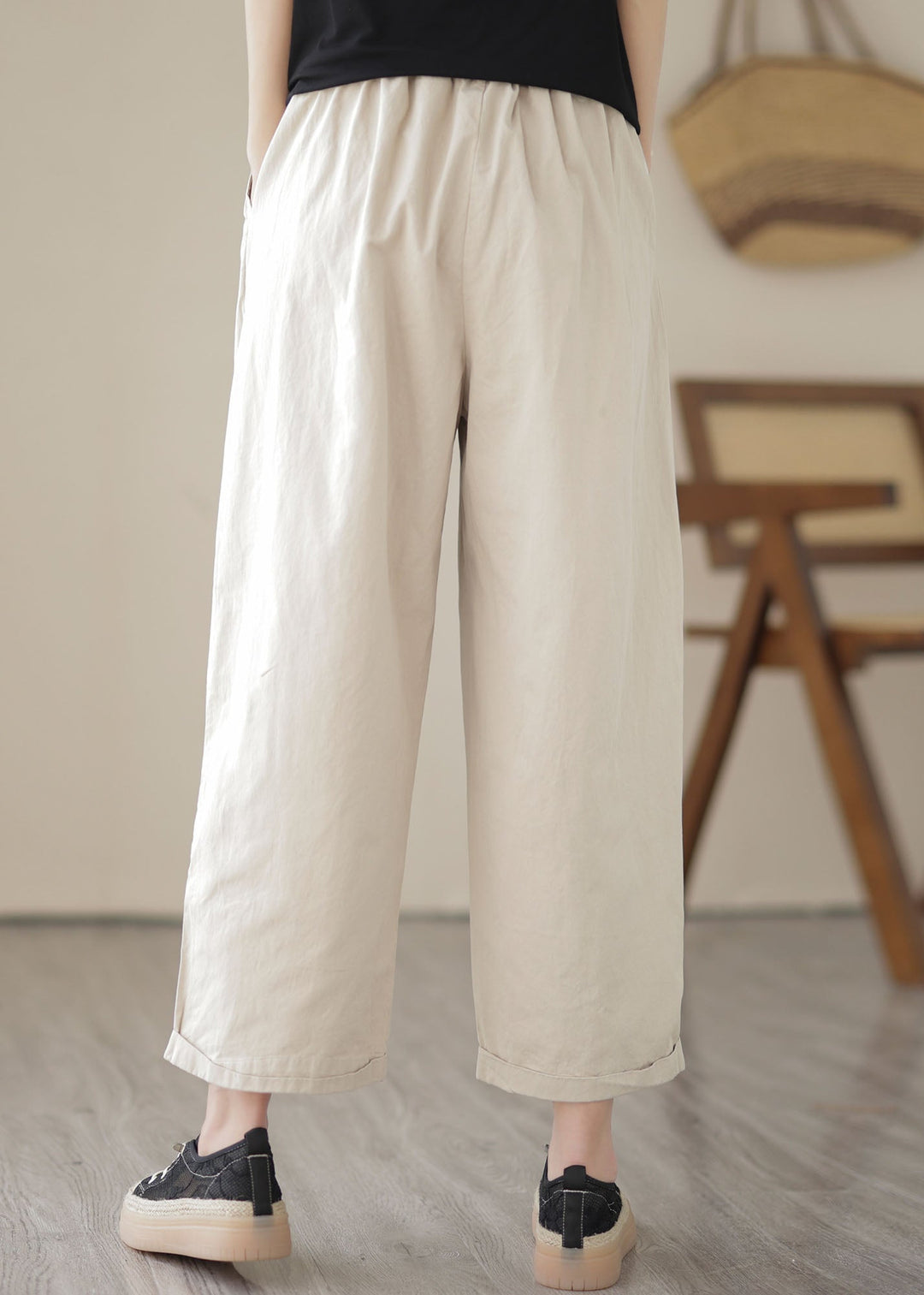 Apricot Pockets Patchwork Cotton Straight Crop Pants Embroidered Summer