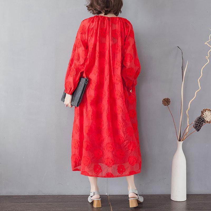 Embroidery Long Sleeve Lacing Single Breasted Red Dress - Omychic