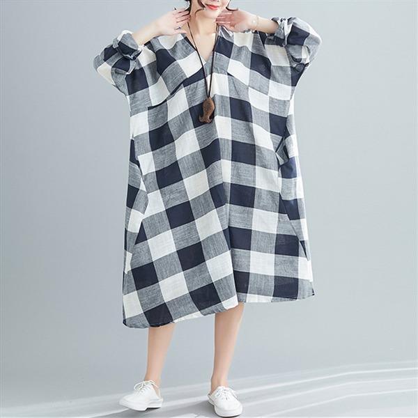 long sleeve cotton linen vintage plaid plus size women casual loose midi autumn party dress - Omychic