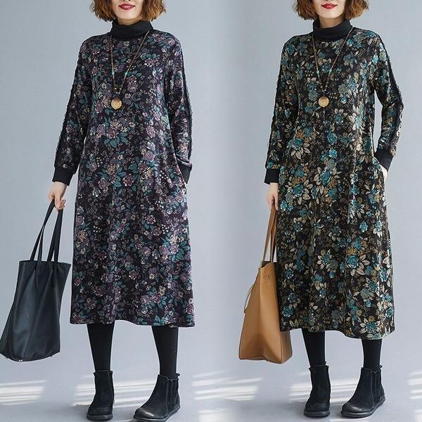 omychic plus size cotton vintage floral women casual loose autumn winter dress - Omychic