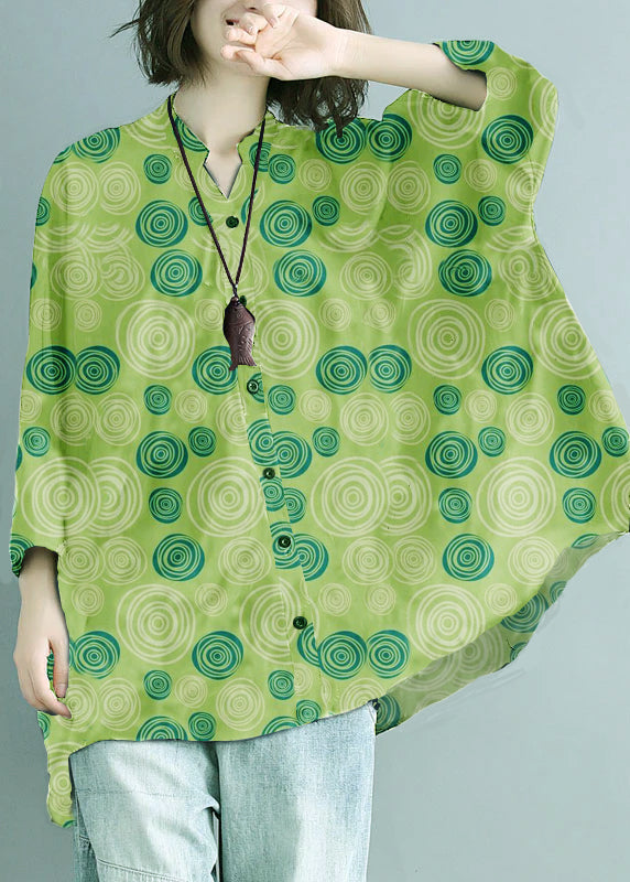 Plus Size Green-geometry Stand Collar Oversized Print Chiffon Top Batwing Sleeve