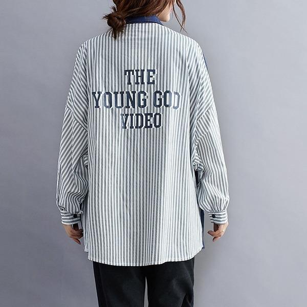 omychic plus size denim cotton vintage stripe korean style Casual loose autumn shirt women blouse 2020 clothes ladies tops - Omychic