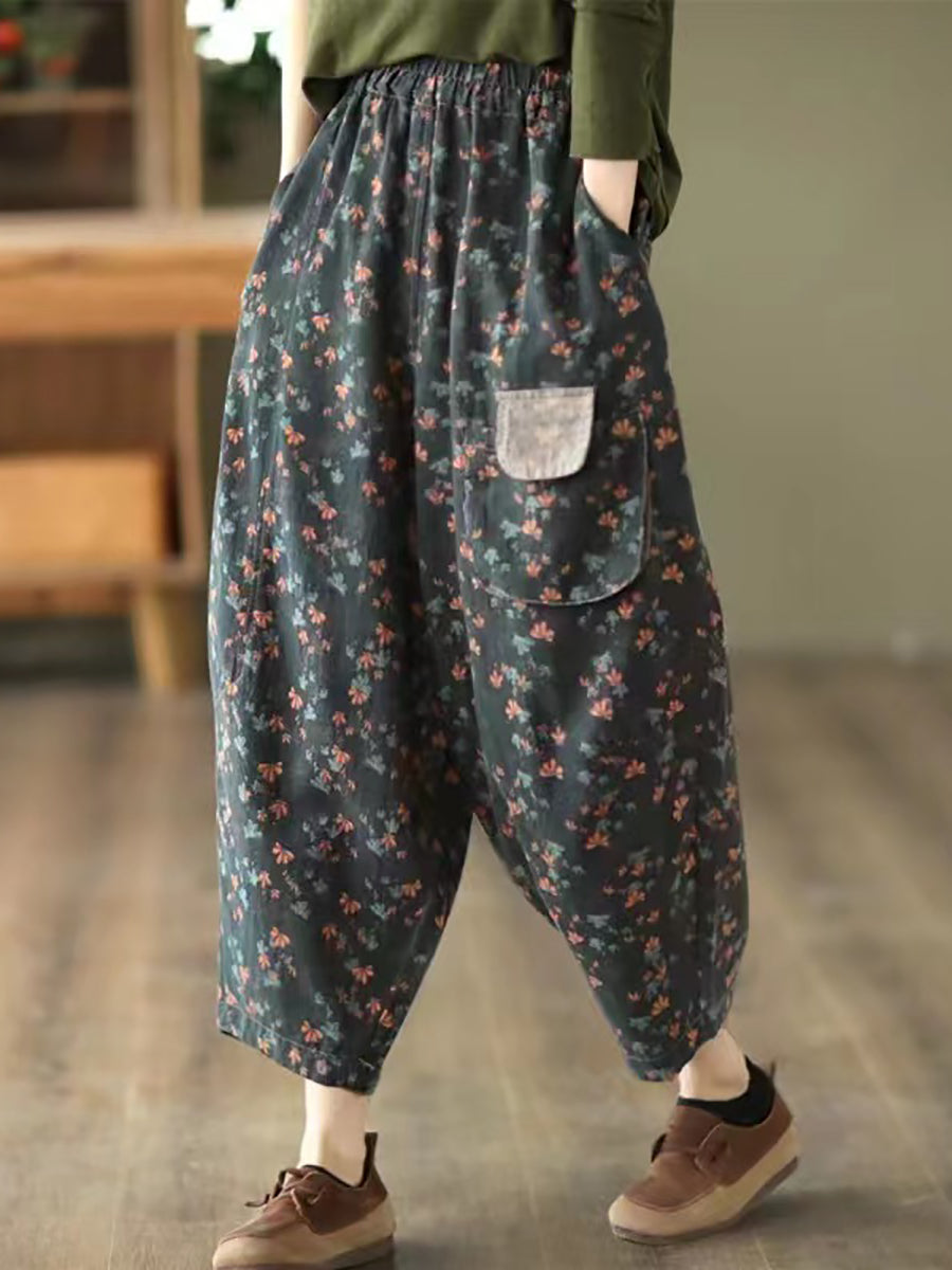 Casual Floral Patch Pocket Loose Pants Spring
