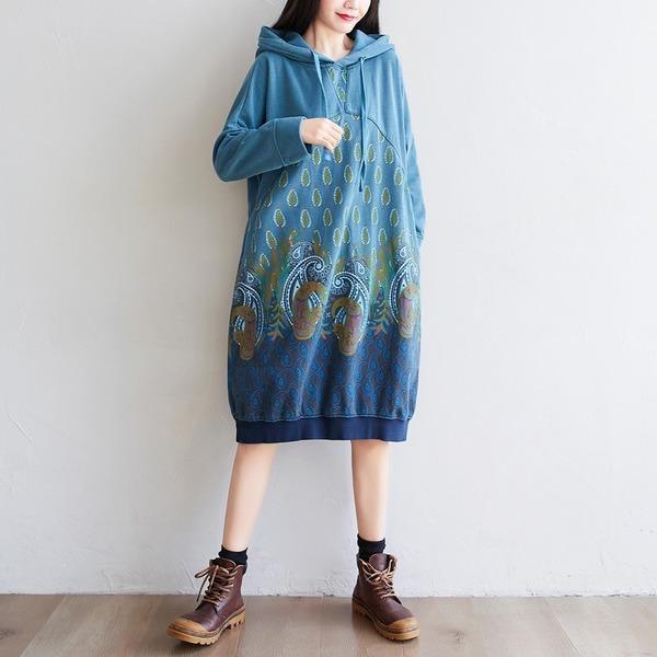 Women Printed Hooded Dress Autumn Retro Casual Print Loose Dress - Omychic