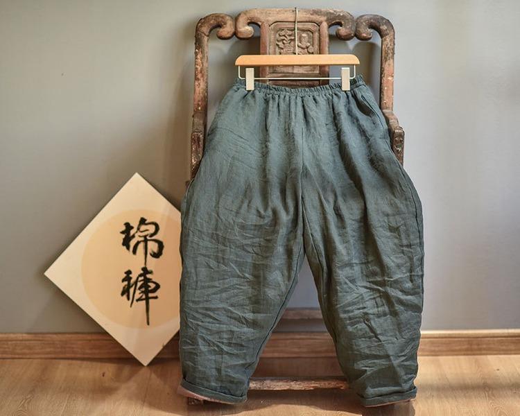 Women Loose Linen Elastic Waist Padded Pants Ladies Vintage Spliced Flax Trousers - Omychic