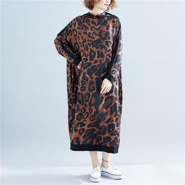 Long Sleeve Leopard Cotton Vintage Plus Size Women Casual Loose Long Spring Autumn Dress ( Limited Stock) - Omychic