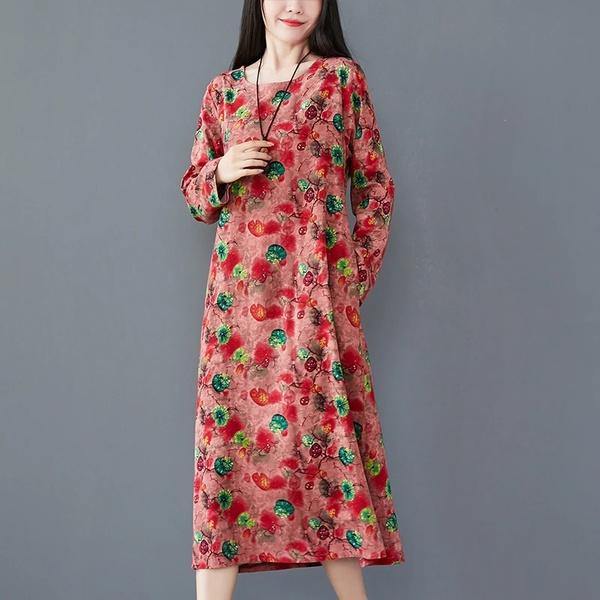 long sleeve cotton linen plus size vintage floral for women casual loose spring autumn dress - Omychic