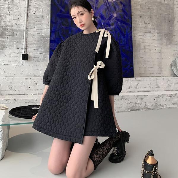 Patchwork Bow Solid Dress Women 2020 Temperament All Match Puff Sleeve Women Clothes - Omychic