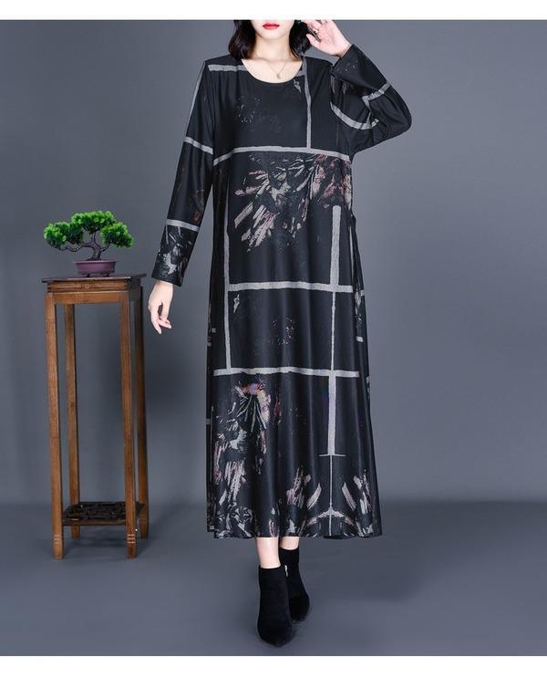 long sleeve plus size cotton satin vintage floral for women casual loose autumn dress - Omychic