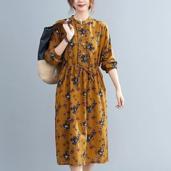 omychic plus size cotton linen vintage floral for women casual loose autumn dress - Omychic