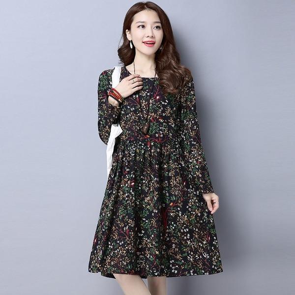 long sleeve plus size cotton linen vintage floral women casual loose midi autumn spring dress  2020 ladies dress - Omychic