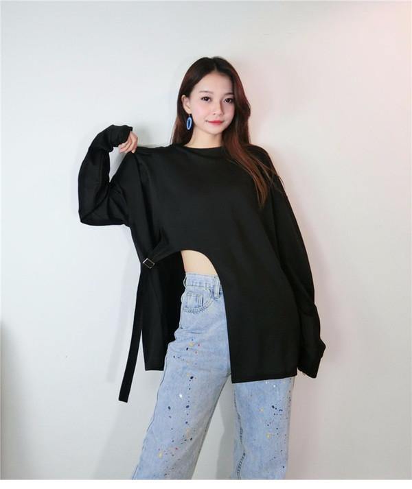 New Women Hollow Out Split Pleated Full Sleeve Drawstring 2020 Winter Loose Tee Top - Omychic