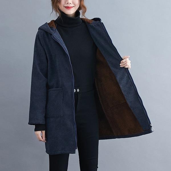 plus size hooded corduroy vintage casual loose autumn winter jacket clothes women Coat - Omychic