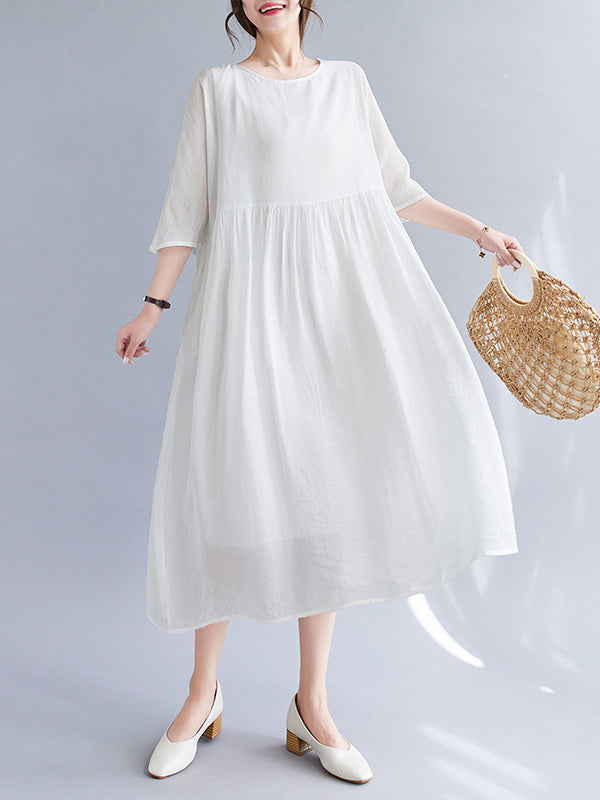 Pleated See-Through Solid Color Split-Joint  Midi Dress