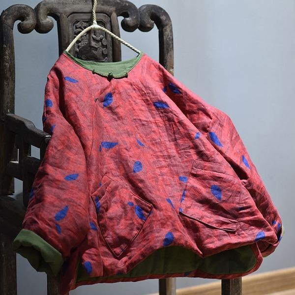 Print Floral Linen Coats 2020 New Autumn O-Neck Long Sleeve Loose Female Parkas - Omychic