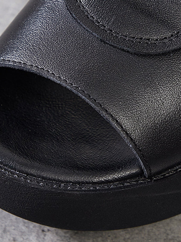 【Leather】Original Casual Solid Color Hollow Out Fish Mouth Platform Shoes