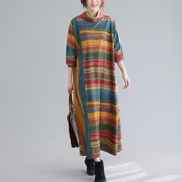 New 2020 Autumn Korean Vintage Style Turtleneck Striped Female Cotton Long Dresses - Omychic