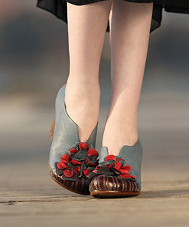 Unique Blue Cowhide Leather Shoes Flower Splicing Chunky High Heels - Omychic