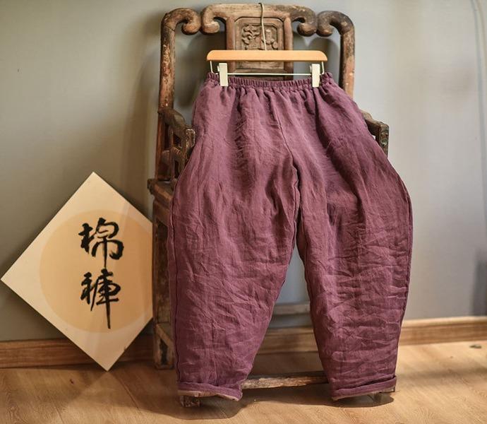 Women Loose Linen Elastic Waist Padded Pants Ladies Vintage Spliced Flax Trousers - Omychic