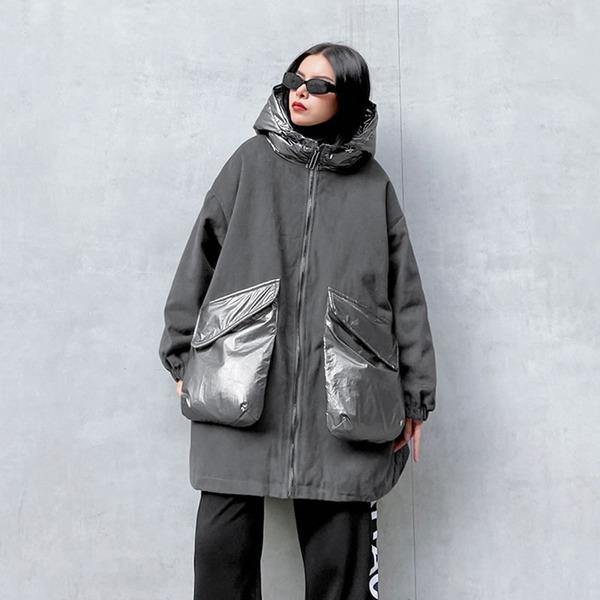 Winter New Fashion Women Big Pockets Contrast Color Hooded Collar Street Trendy - Omychic