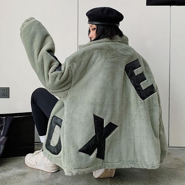 Patchwork Pockets Letter Zipper Parka Women 2020 Winter Casual Fashion Style n Clothes - Omychic