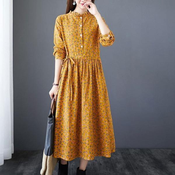 Arts Style Stand Collar Elegant A-line Female Cotton Linen Dresses - Omychic